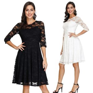 Floral Lace Dress 3/4 Sleeve V-Back Knee Length Summer