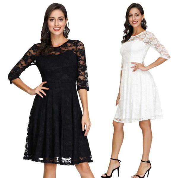 Floral Lace Dress 3/4 Sleeve V-Back Knee Length Summer