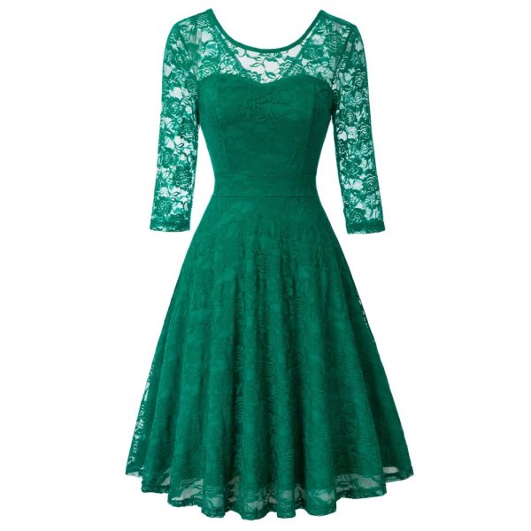 Floral Lace Dress 3/4 Sleeve V-Back Knee Length Summer - Image 2