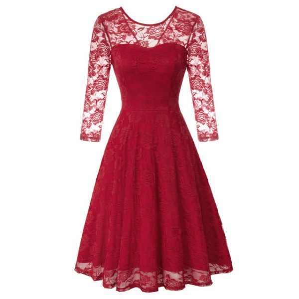 Floral Lace Dress 3/4 Sleeve V-Back Knee Length Summer - Image 19