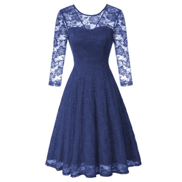 Floral Lace Dress 3/4 Sleeve V-Back Knee Length Summer - Image 12