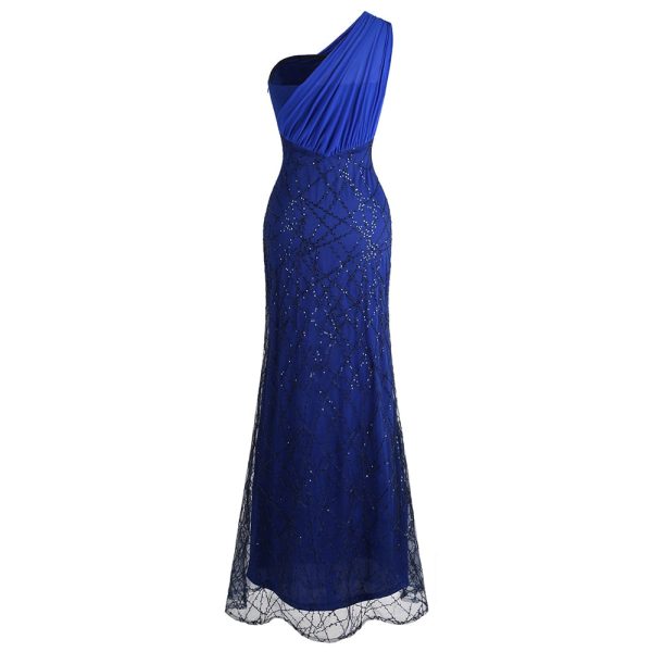 One Shoulder Evening Dresses: Blue Gown With Sequined Pleats - Image 2