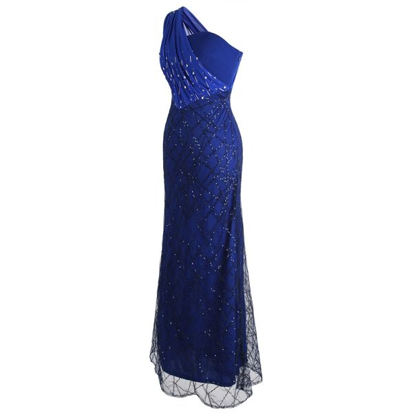 One Shoulder Evening Dresses: Blue Gown With Sequined Pleats - Image 4