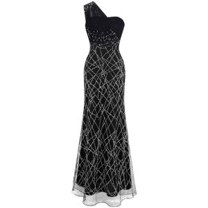 One Shoulder Evening Dresses: Blue Gown With Sequined Pleats