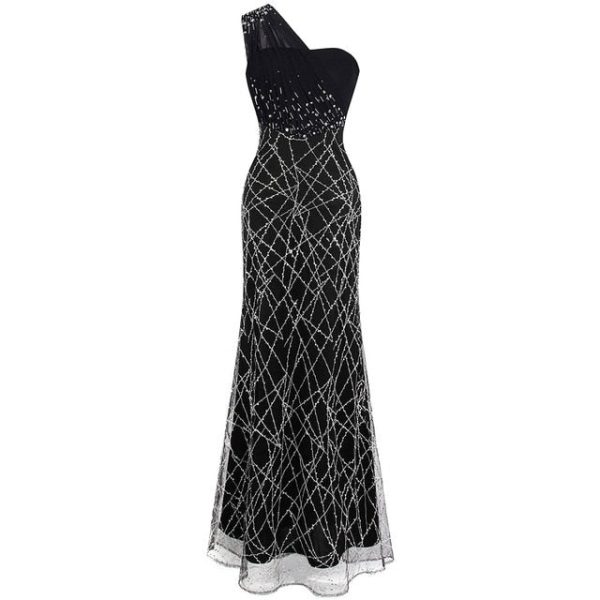 One Shoulder Evening Dresses: Blue Gown With Sequined Pleats - Image 12
