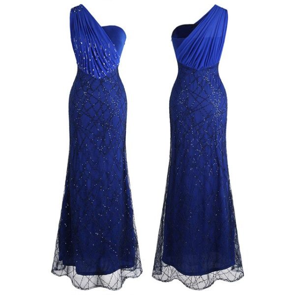 One Shoulder Evening Dresses: Blue Gown With Sequined Pleats - Image 5