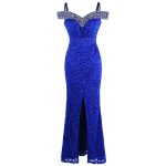 Long Formal Mermaid Gown – Beaded Boat Neck Lace & Crystal Trim