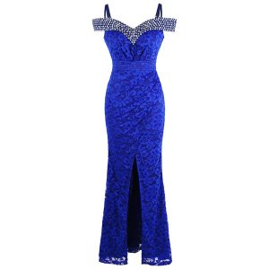 Women's Beading Boat Neck Lace Pleated Party Gown Slit Long Formal Mermaid Evening Dresses