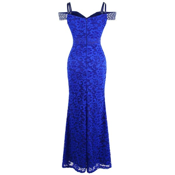 Long Formal Mermaid Gown – Beaded Boat Neck Lace & Crystal Trim - Image 3