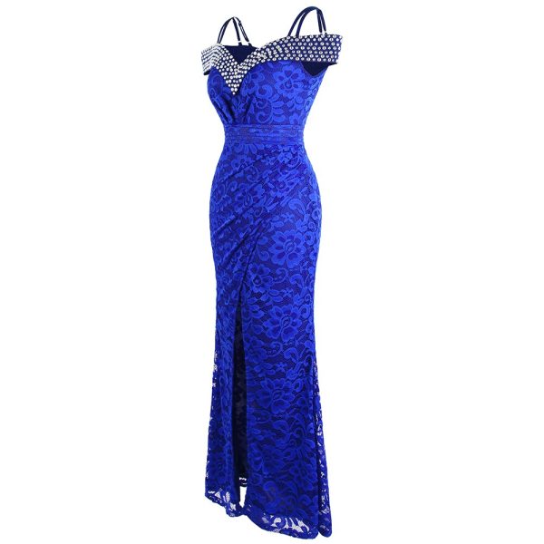 Long Formal Mermaid Gown – Beaded Boat Neck Lace & Crystal Trim - Image 2