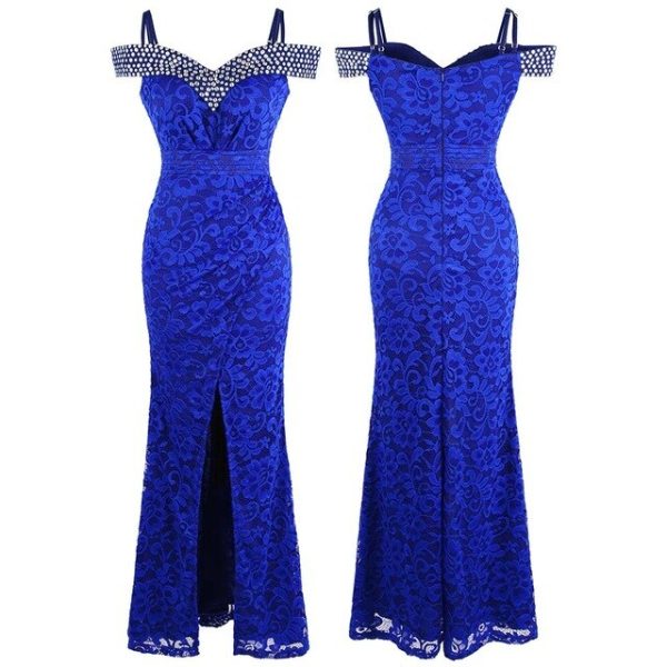 Long Formal Mermaid Gown – Beaded Boat Neck Lace & Crystal Trim - Image 8