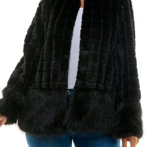 Nina Leonard Round Neckline Long Sleeves Shaggier Cuffs Hem Faux Fur Coat Jacket
