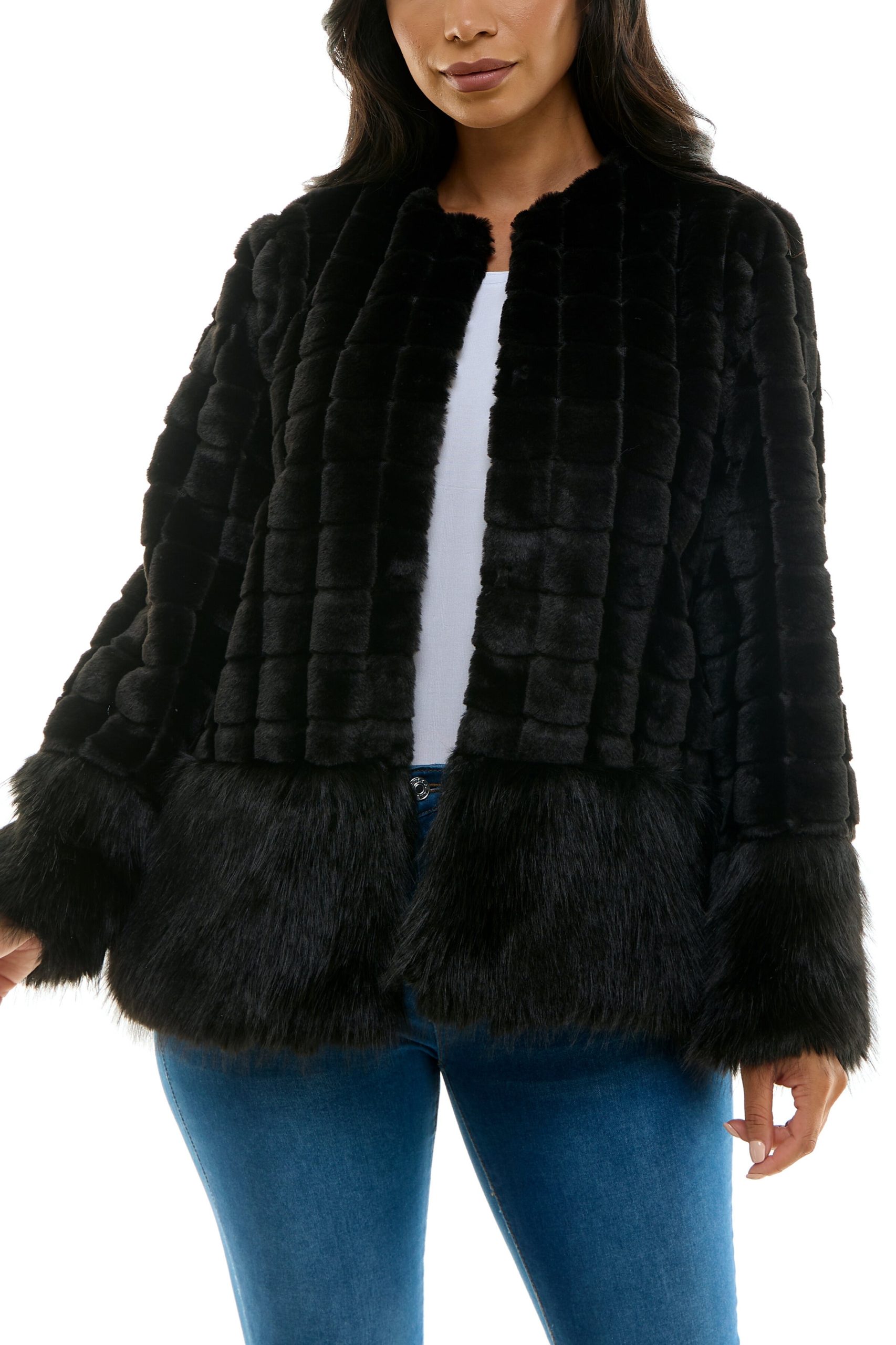 Nina Leonard Round Neckline Long Sleeves Shaggier Cuffs Hem Faux Fur Coat Jacket - Image 7
