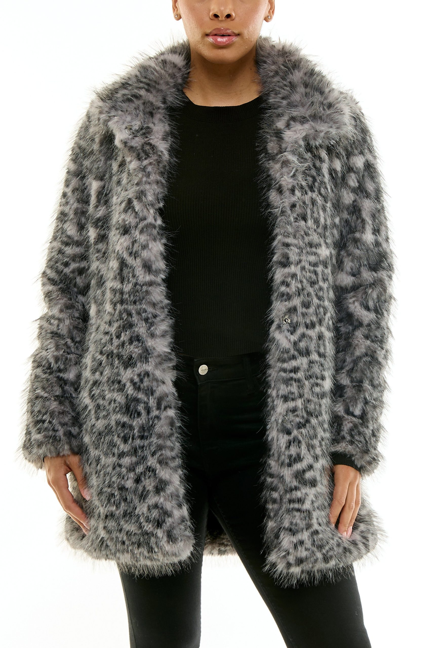 Nina Leonard Collared Gray Black Leopard Plush Faux Fur Coat Jacket - Image 4