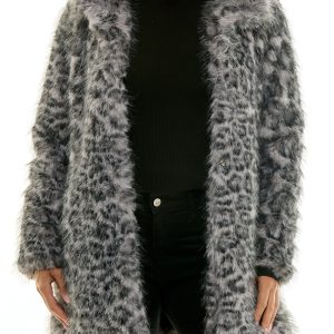 Nina Leonard Collared Gray Black Leopard Plush Faux Fur Coat Jacket