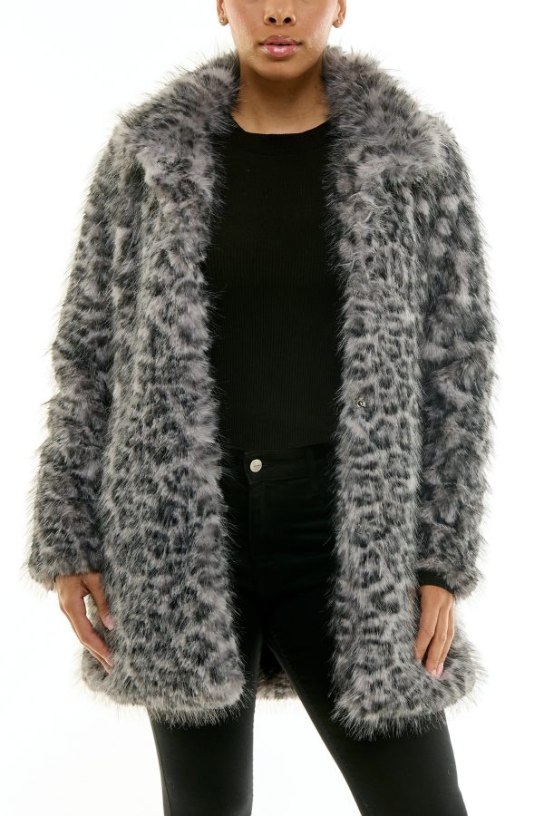 Nina Leonard Collared Gray Black Leopard Plush Faux Fur Coat Jacket - Image 6