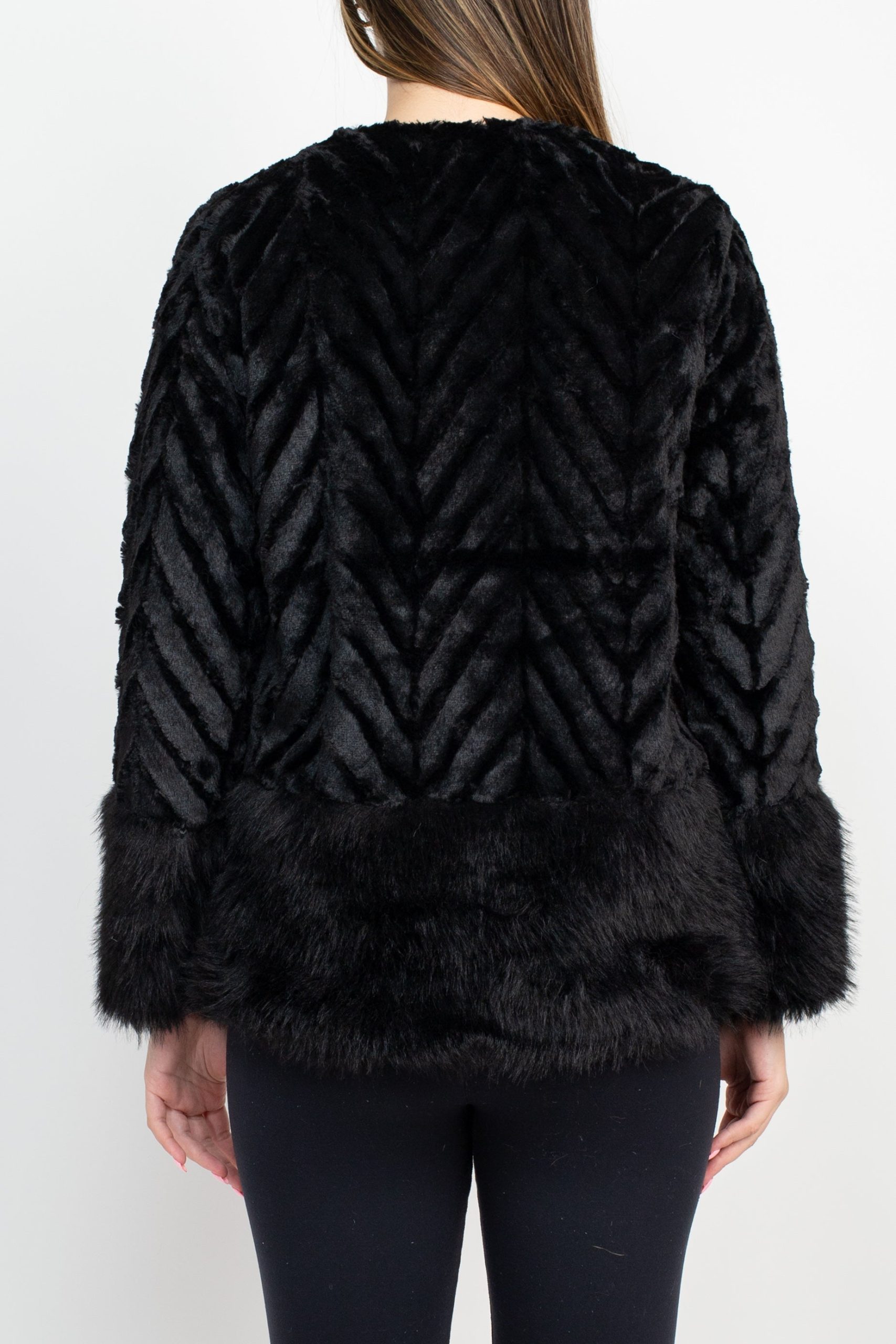 Nina Leonard Crew Neck Long Sleeve Hook Closure Textured Faux Fur Coat Jacket - Image 2