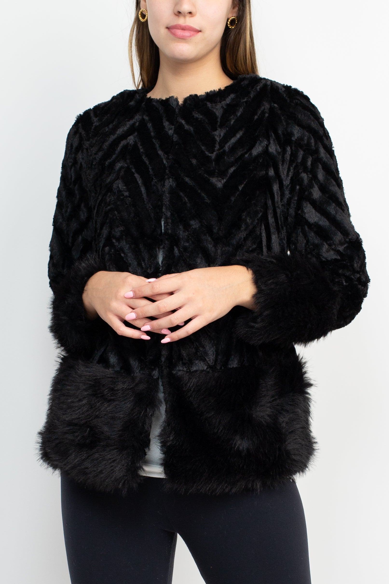 Nina Leonard Crew Neck Long Sleeve Hook Closure Textured Faux Fur Coat Jacket - Image 10