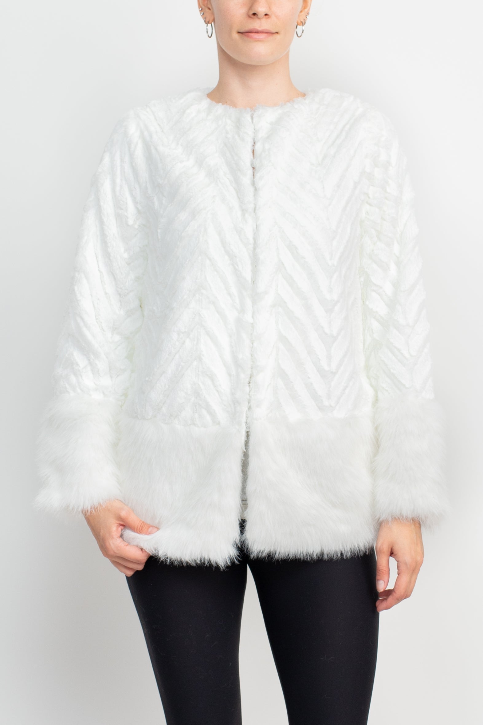 Nina Leonard Crew Neck Long Sleeve Hook Closure Textured Faux Fur Coat Jacket - Image 17