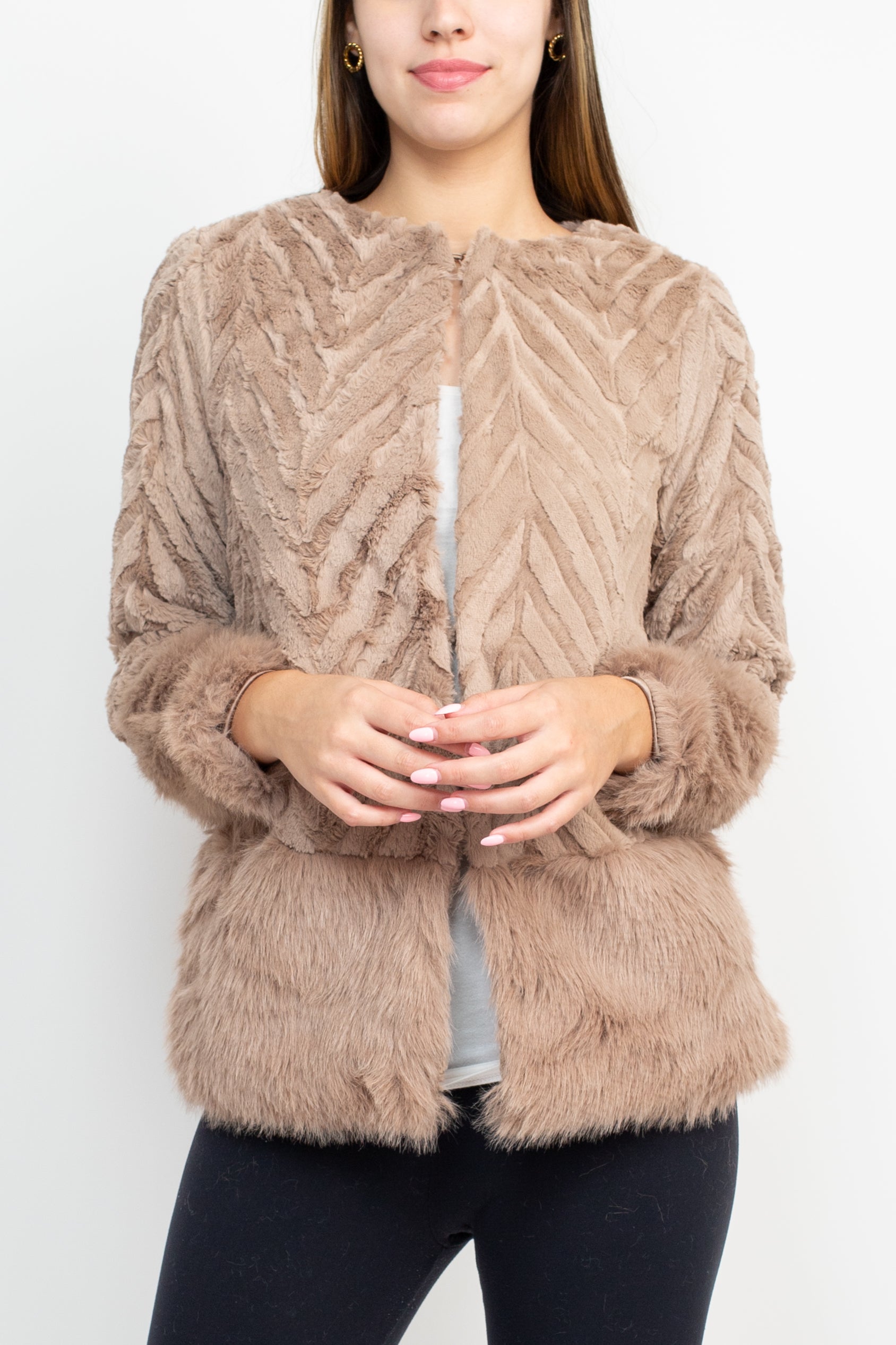 Nina Leonard Crew Neck Long Sleeve Hook Closure Textured Faux Fur Coat Jacket - Image 19