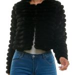 Nina Leonard Round Neckline Long Sleeves Ribbed Channeled Texture Faux Fur Cropped Coat Jacket