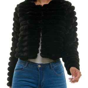Nina Leonard Round Neckline Long Sleeves Ribbed Channeled Texture Faux Fur Cropped Coat Jacket