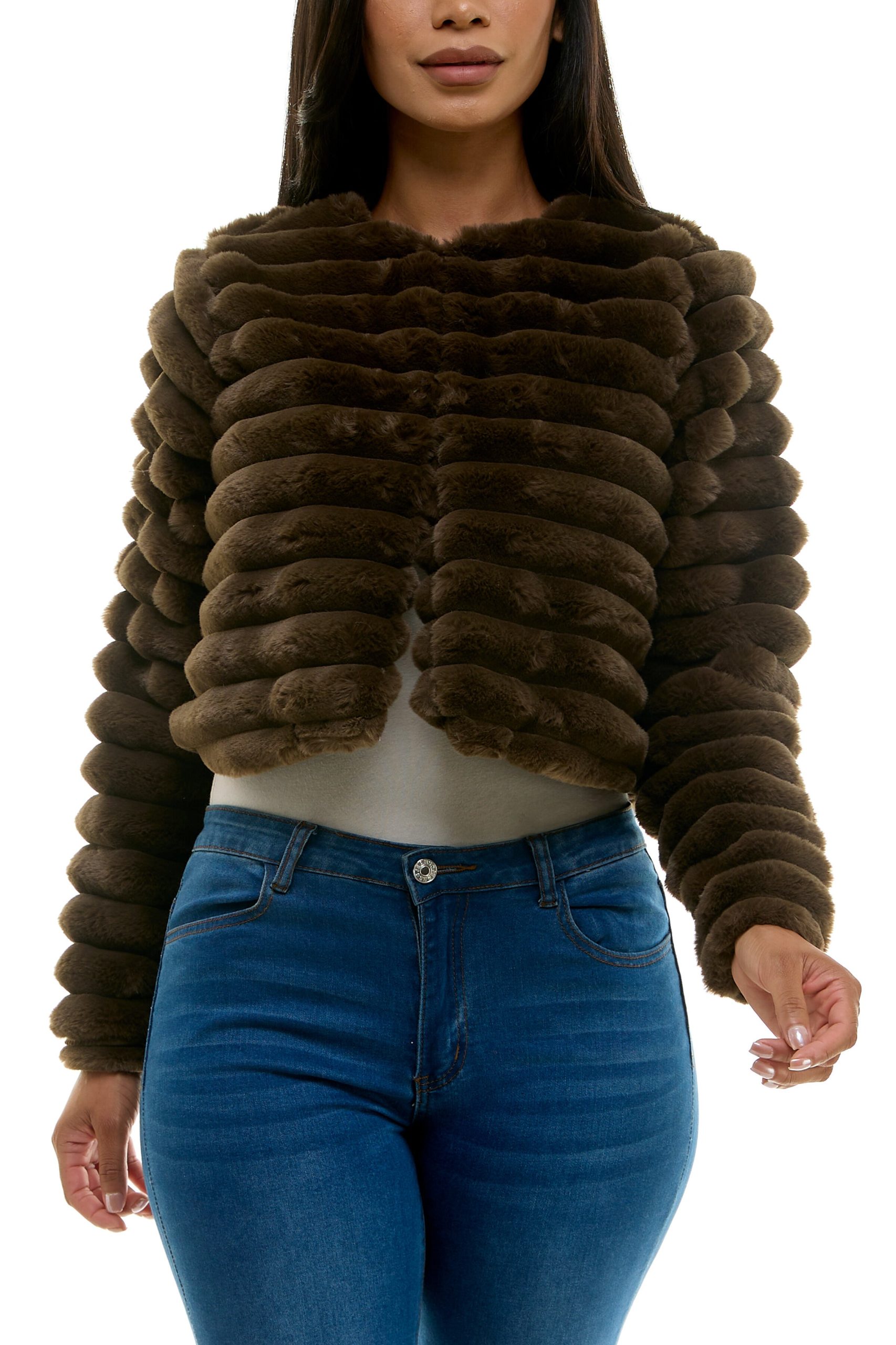 Nina Leonard Round Neckline Long Sleeves Ribbed Channeled Texture Faux Fur Cropped Coat Jacket - Image 18