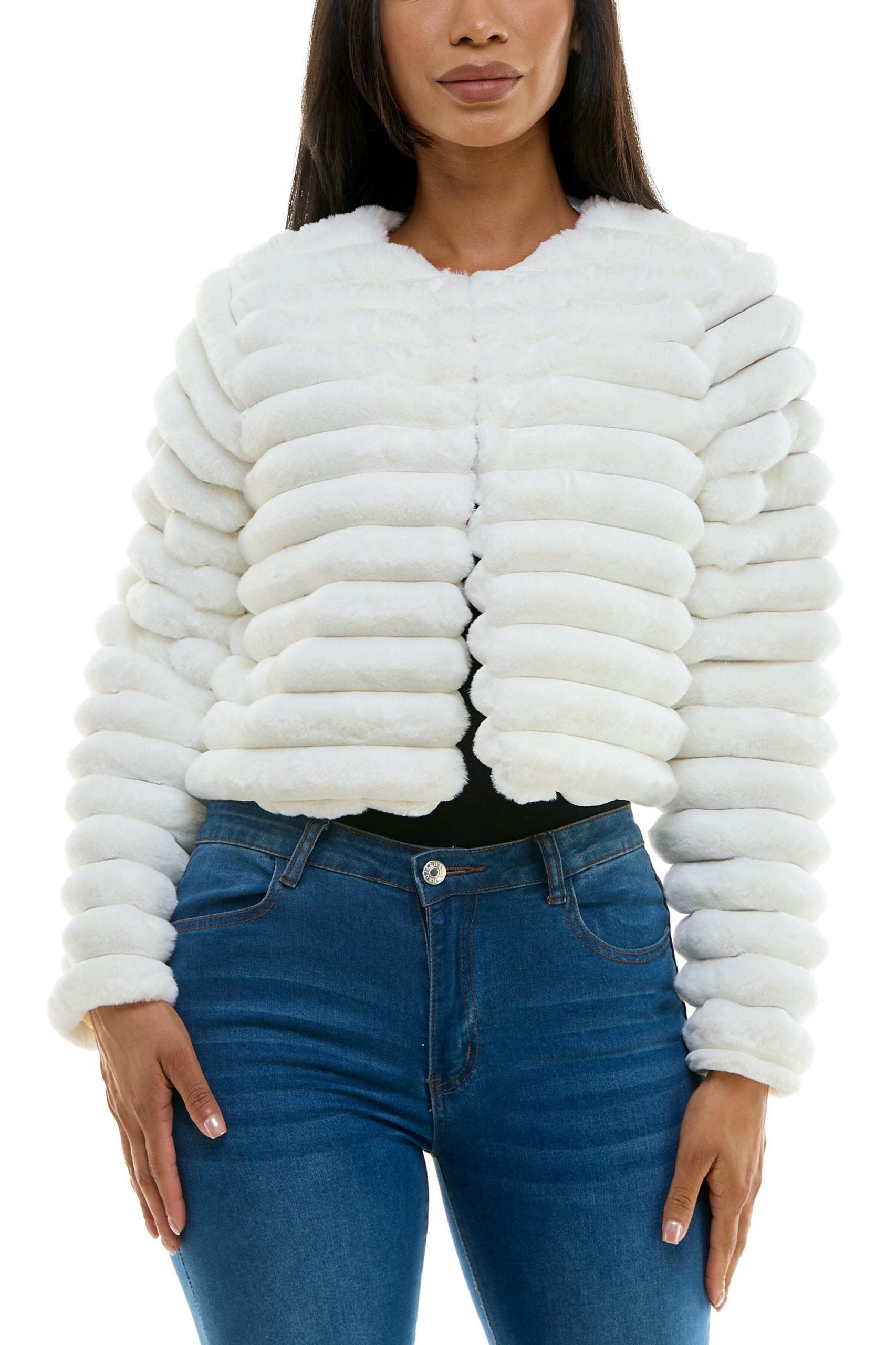 Nina Leonard Round Neckline Long Sleeves Ribbed Channeled Texture Faux Fur Cropped Coat Jacket - Image 16