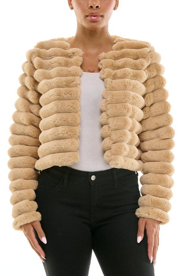 Nina Leonard Round Neckline Long Sleeves Ribbed Channeled Texture Faux Fur Cropped Coat Jacket - Image 23