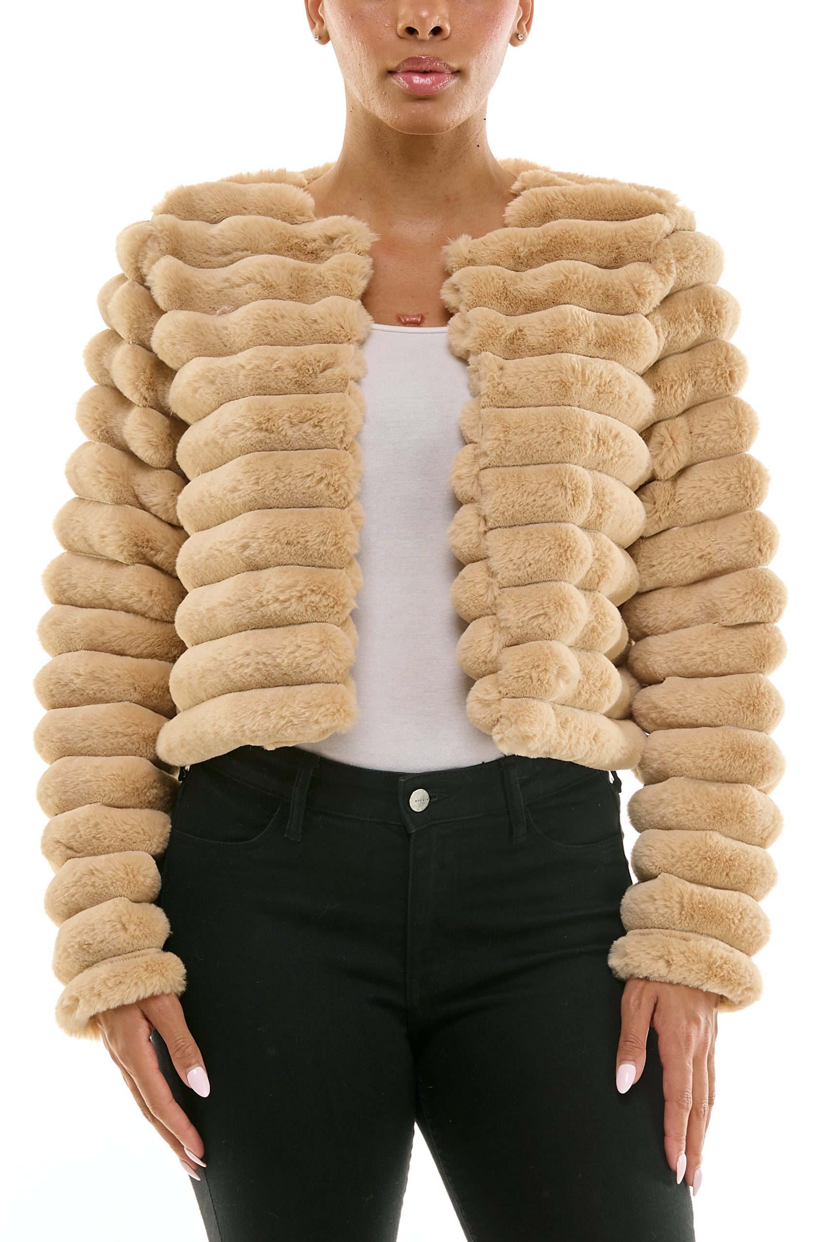 Nina Leonard Round Neckline Long Sleeves Ribbed Channeled Texture Faux Fur Cropped Coat Jacket - Image 23