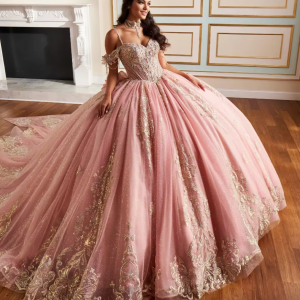 EVLAST Customized Shiny Pink Quinceanera Dress Ball Gown Gold Lace Applique Beading Bow Corset Sweet 16 Vestido De 15 Anos E1Q88
