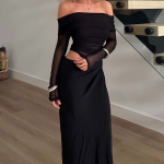 Maxi Dress Off-Shoulder Long Sleeves Ruched Mesh Patchwork Slit