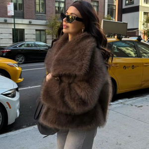 KONDALA Casual Brown Thick Fur Jackets Women Long Sleeve V Neck Autumn Winter Faux Fur Coats Fashion 2025 Streetwear Outwears