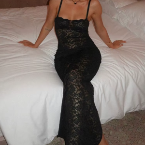 Weird Puss Lace Black Women Maxi Dress See Through Sleeveless Ladies Sexy Coquette Nightclub Party Bodycon Slim Fit Vestidos