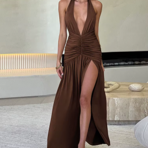Nibber Elegant Women Long Dresses Solid Hipster Halter V-neck Backless Shirring Side Split Vestidos Female High Street New Robe